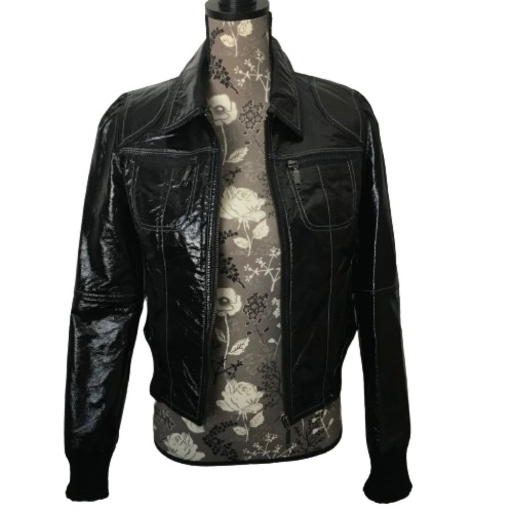 Vintage 90's Personal Identity Rare Women's Medium Shinny Black Biker Jacket Top